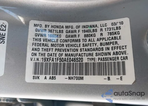 2010 Honda Civic Lx from USA, damaged, VIN 19XFA1F50AE046520